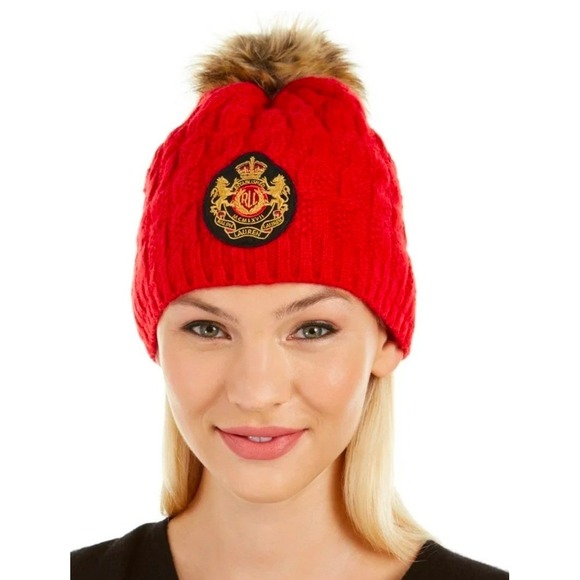 VTG Ralph Lauren Red Cable Knit Pom Beanie Hat Scarf Set Embroidered Crest‎ Logo main image 6